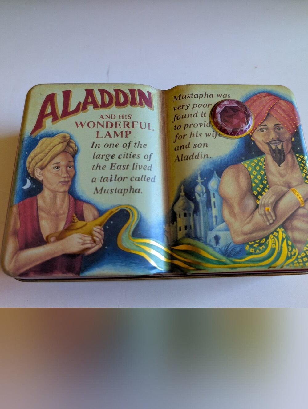 3/$50 Vintage 1995 Silver Crane Company Aladdin  Book Shaped Tin